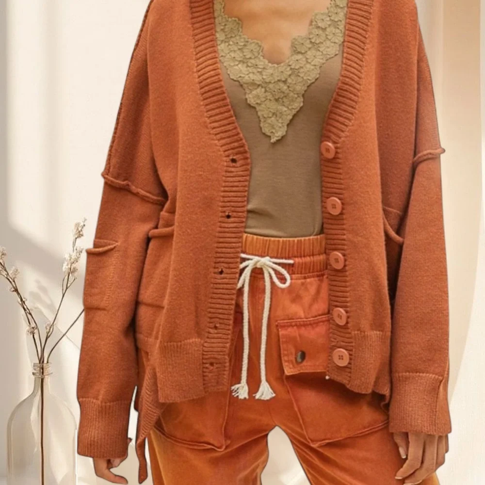POL Rust Cinnamon Oversized Button Down Cardigan | Cozy Slouchy Knit